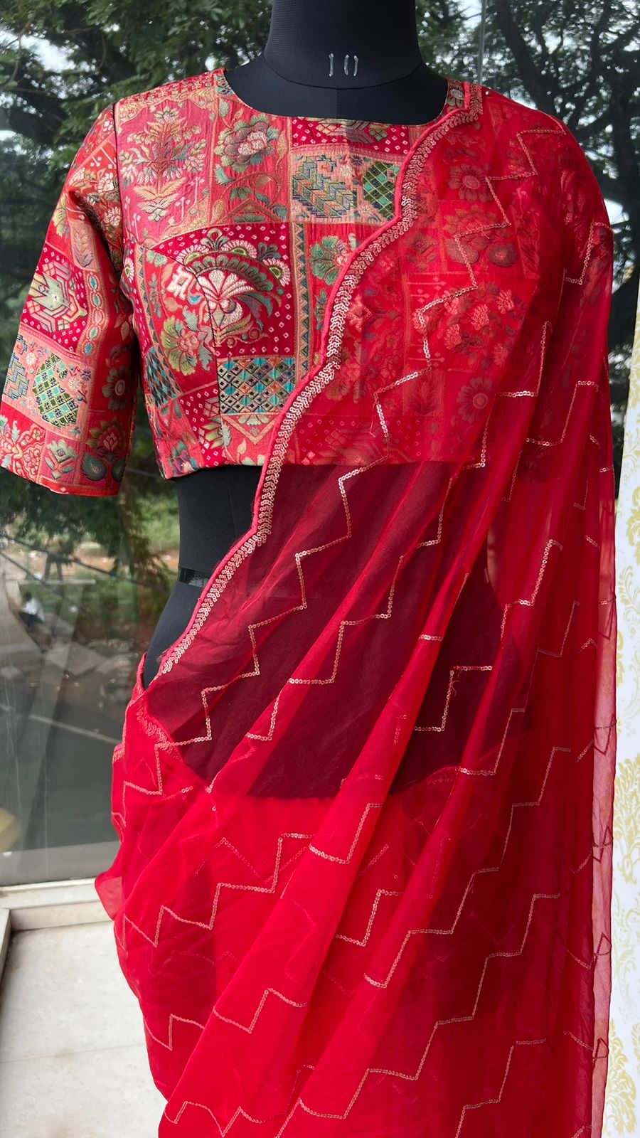 Red organza saree with banarasi work blouse