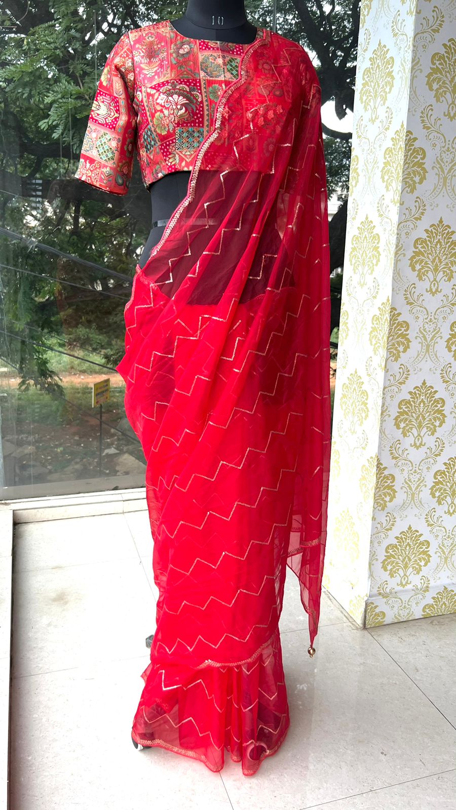 Red organza saree with banarasi work blouse
