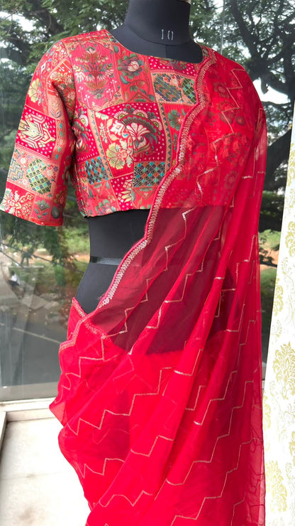 Red organza saree with banarasi work blouse