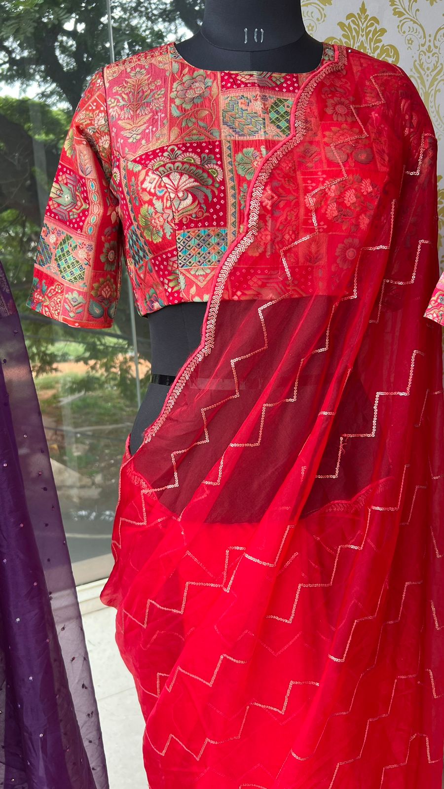 Red organza saree with banarasi work blouse