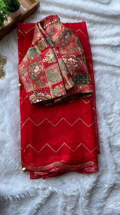 Red organza saree with banarasi work blouse