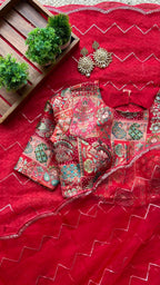 Red organza saree with banarasi work blouse