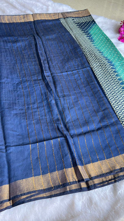 Cyan and blue cotton silk saree with blouse