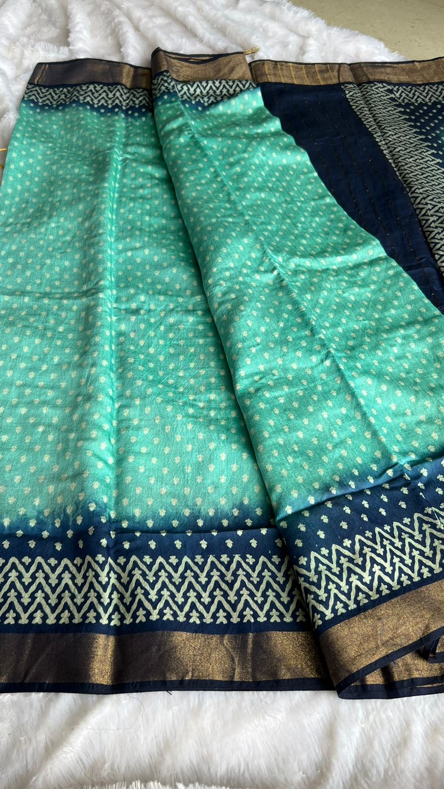 Cyan and blue cotton silk saree with blouse