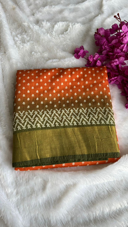 Orange and green cotton silk saree with blouse