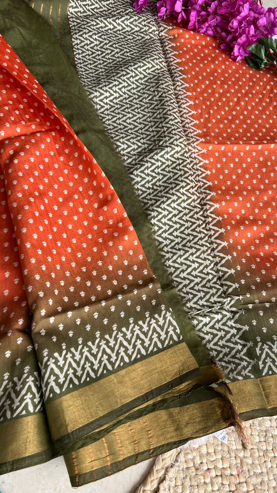 Orange and green cotton silk saree with blouse
