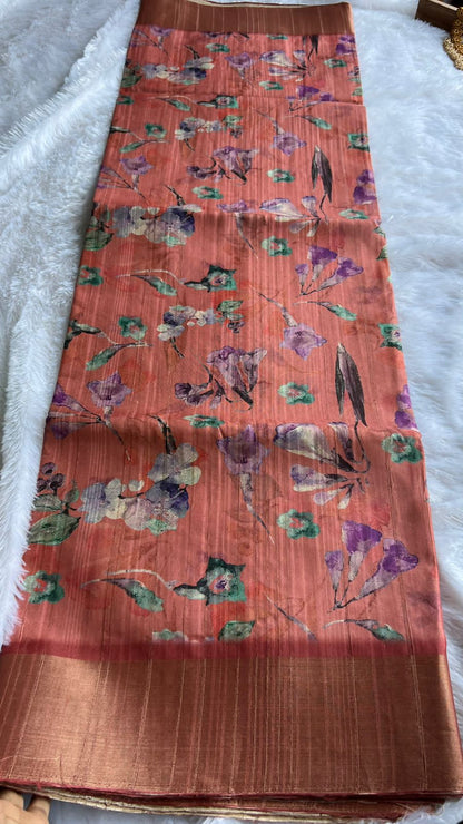 Orange floral silk saree with blouse