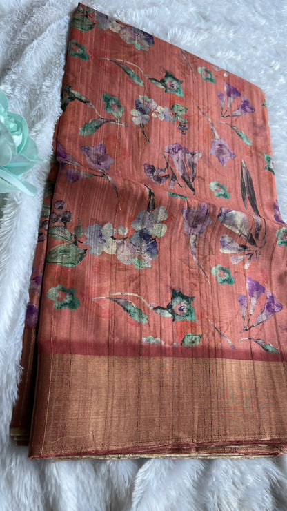 Orange floral silk saree with blouse