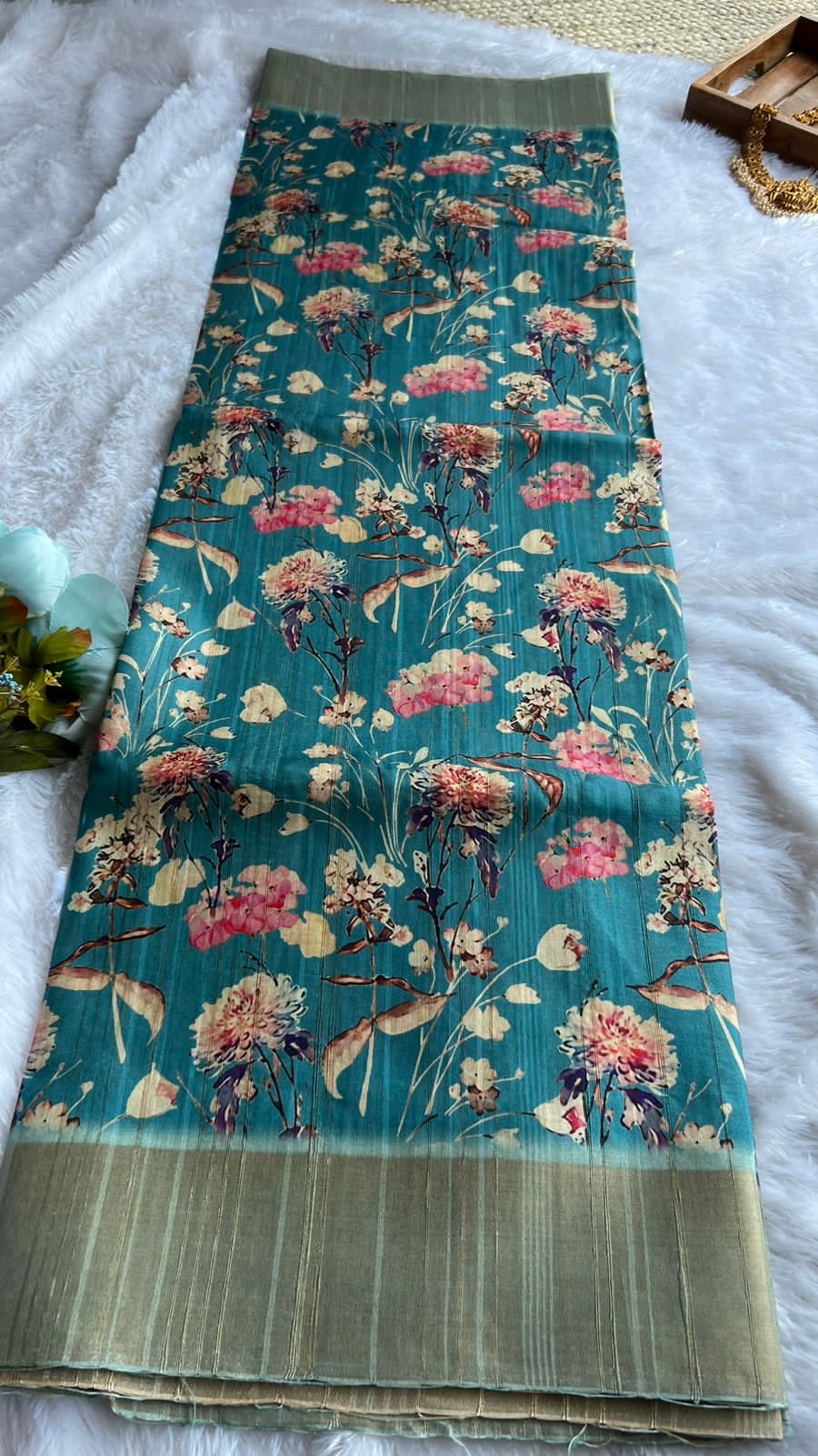 Blue floral silk saree with blouse