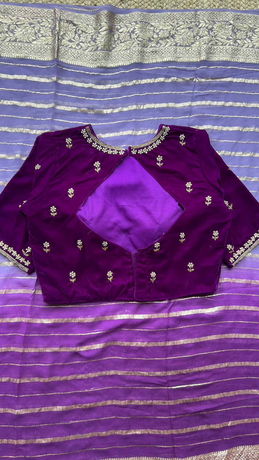 Ombre light & Purple georgette saree with handwork blouse