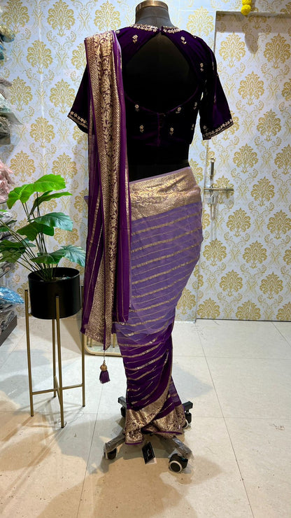Ombre light & Purple georgette saree with handwork blouse