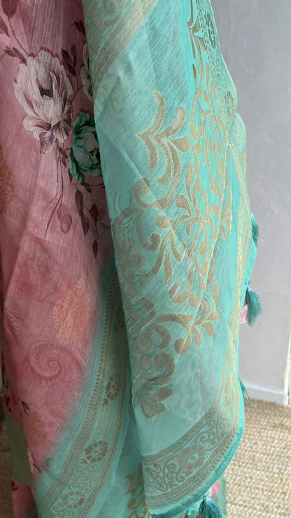 Peach & blue soft organza saree with blouse