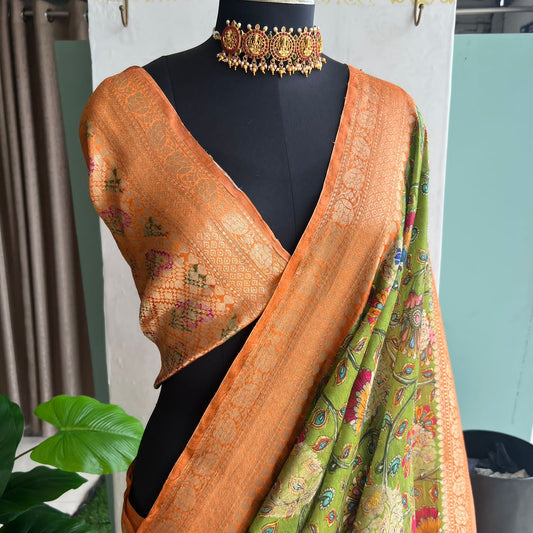 Green and orange tussar silk saree with blouse
