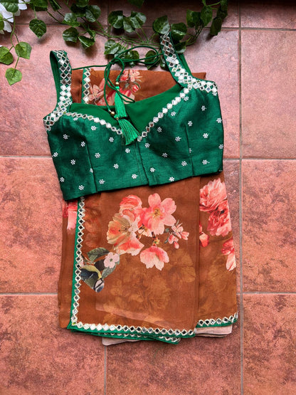 Brown georgette saree with handwork blouse
