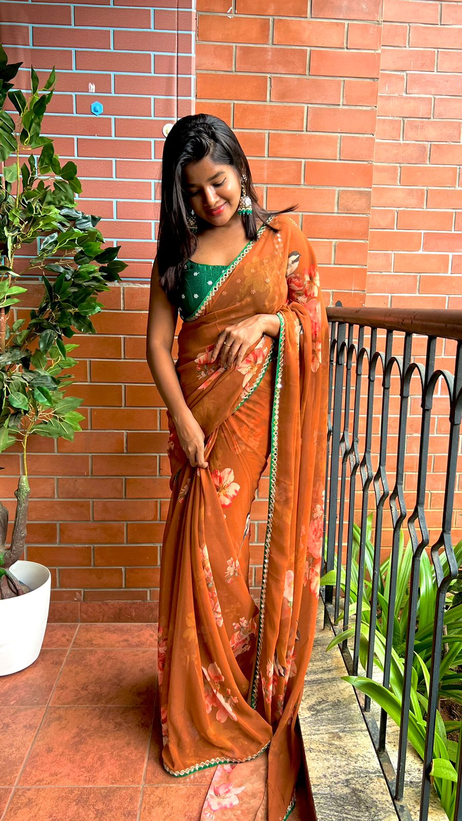 Brown georgette saree with handwork blouse