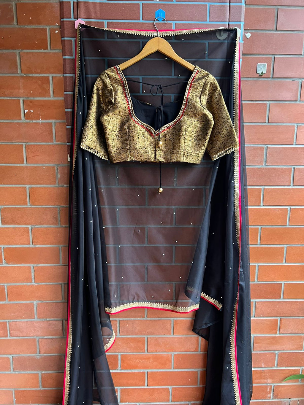 Black silk saree with kanjivaram handwork blouse