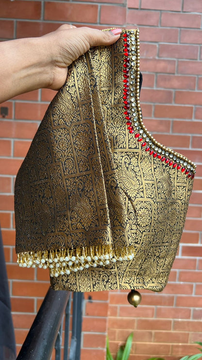 Black silk saree with kanjivaram handwork blouse