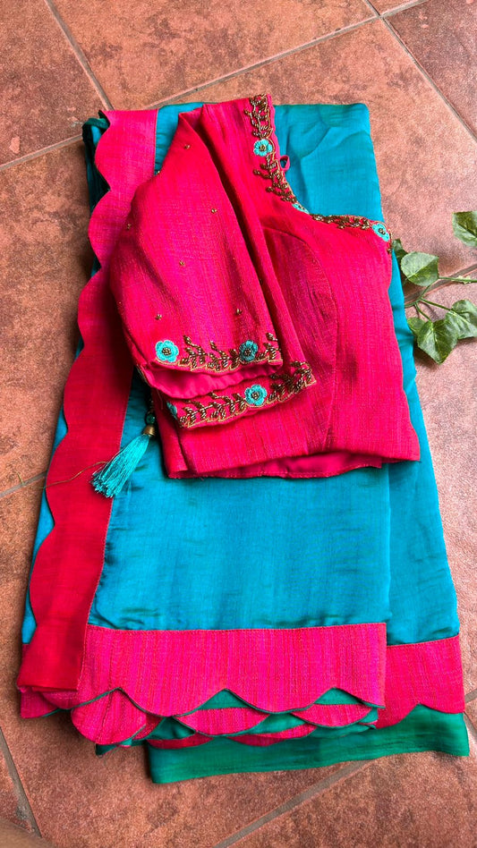 Dual shaded peacock silk saree with pink handwork blouse