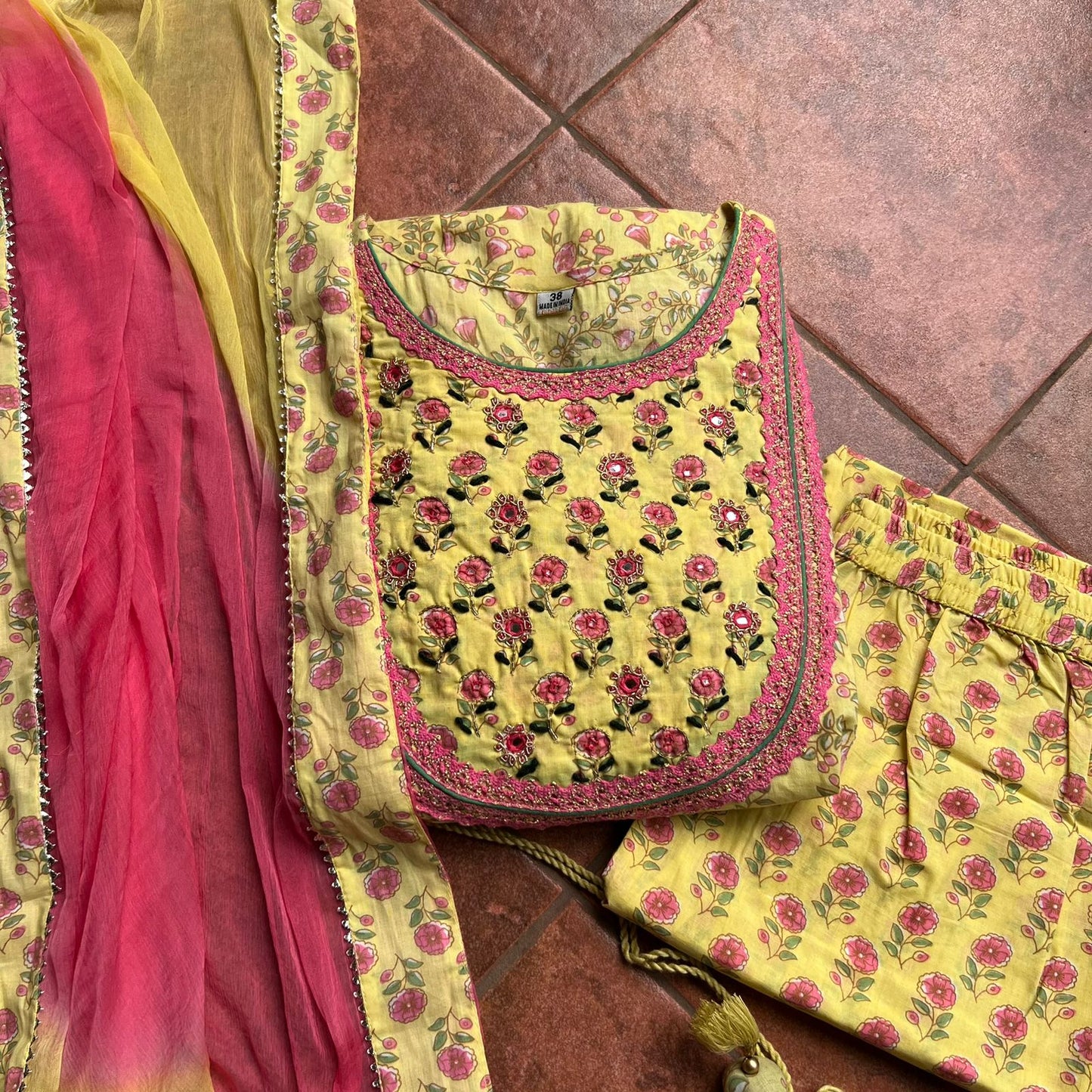 Yellow floral cotton embroidery handwork 3 piece kurti set