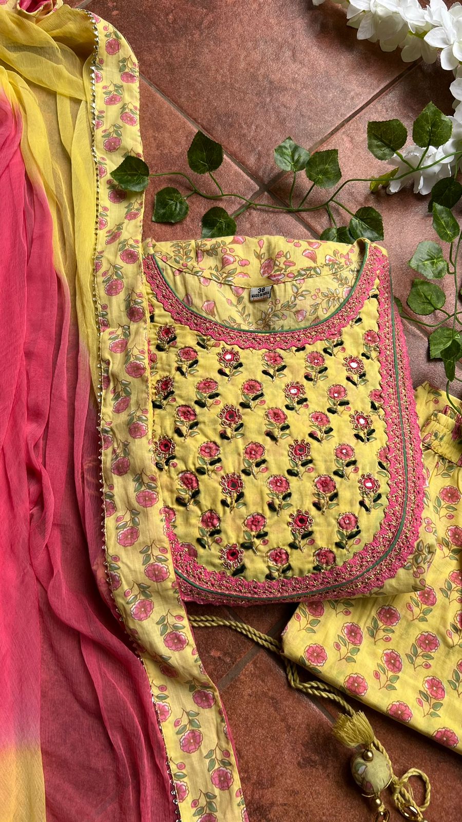 Yellow floral cotton embroidery handwork 3 piece kurti set