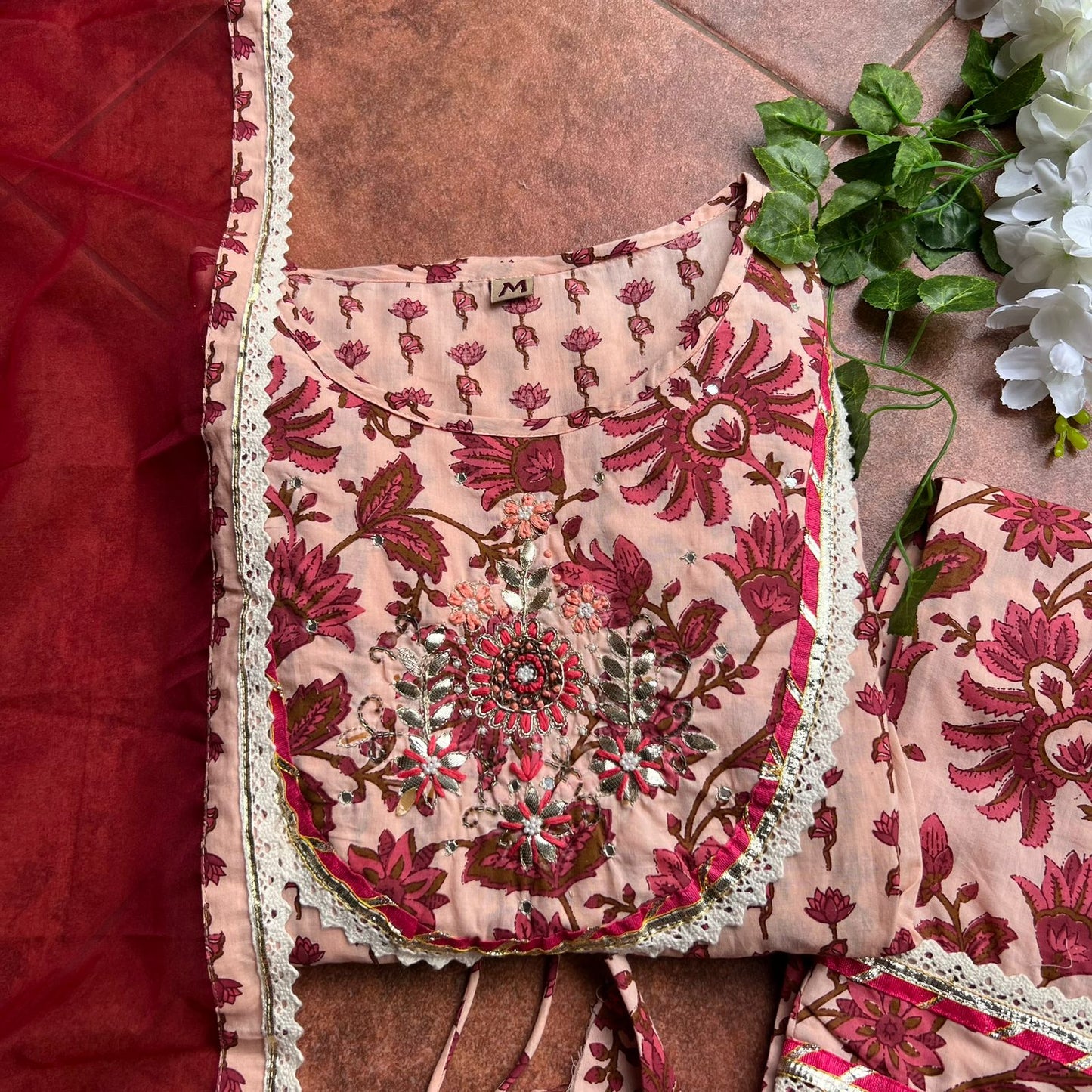 Peach & red floral cotton embroidery handwork 3 piece kurti set