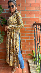Yellow & black satin printed kurti maxi dress