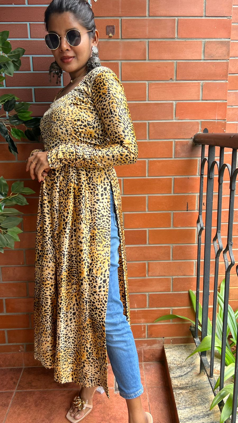 Yellow & black satin printed kurti maxi dress