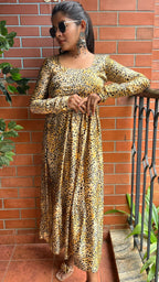 Yellow & black satin printed kurti maxi dress