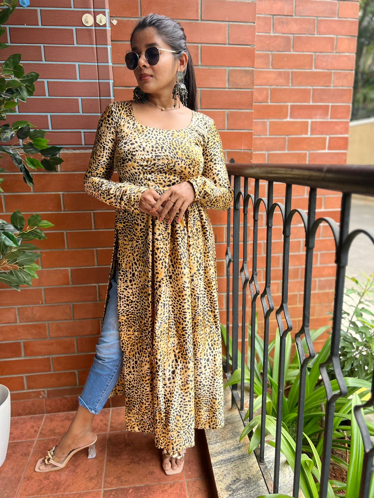 Yellow & black satin printed kurti maxi dress