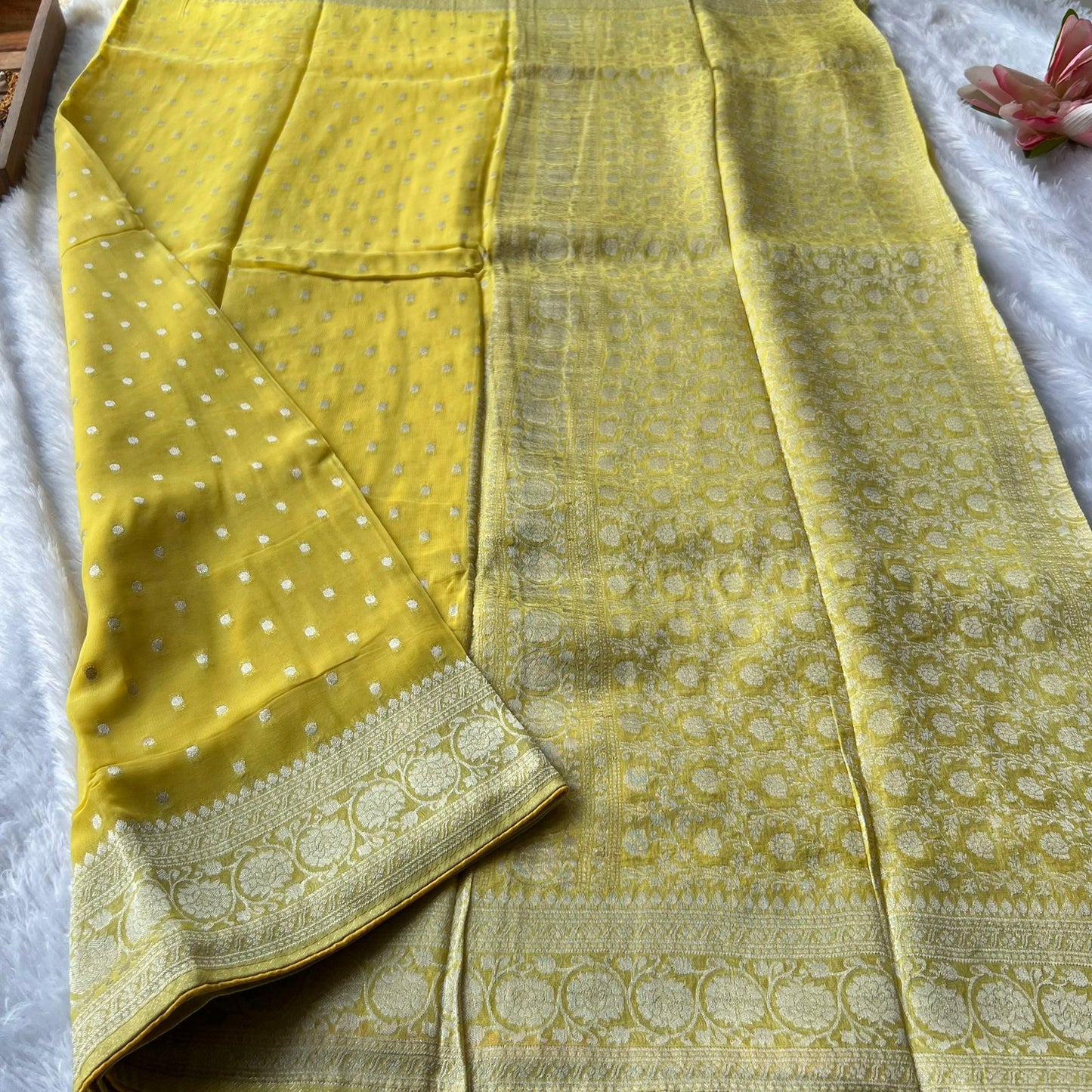 Yellow banarasi georgette saree with blouse