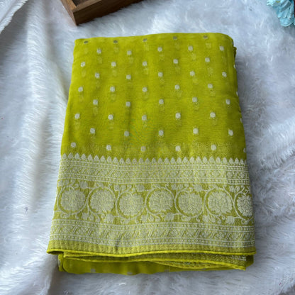 Lime green banarasi georgette saree with blouse