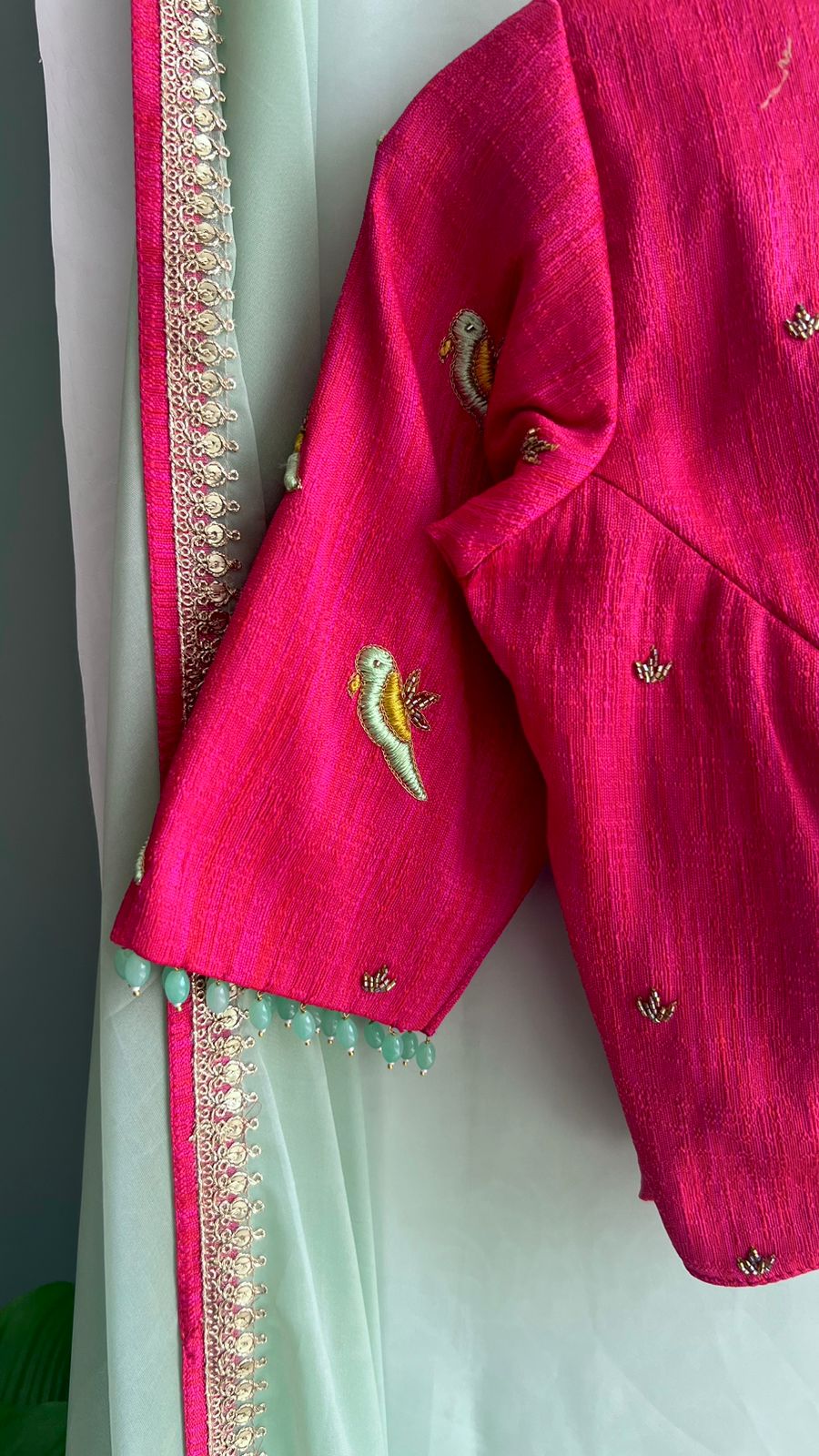 Mint soft organza saree with pink handwork blouse