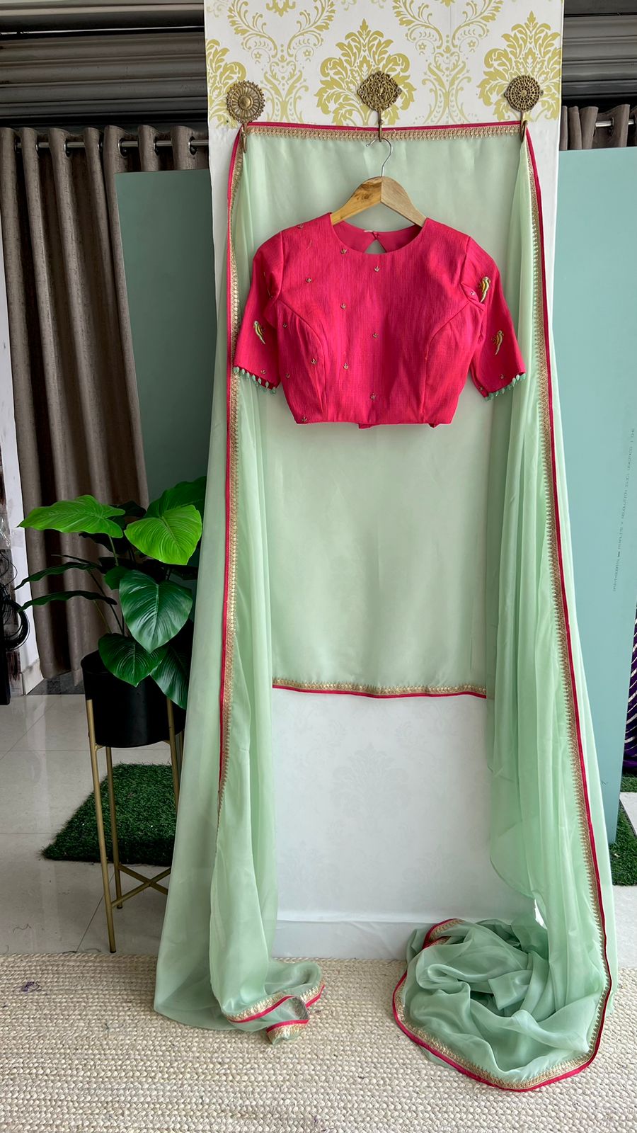 Mint soft organza saree with pink handwork blouse
