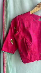 Mint soft organza saree with pink handwork blouse