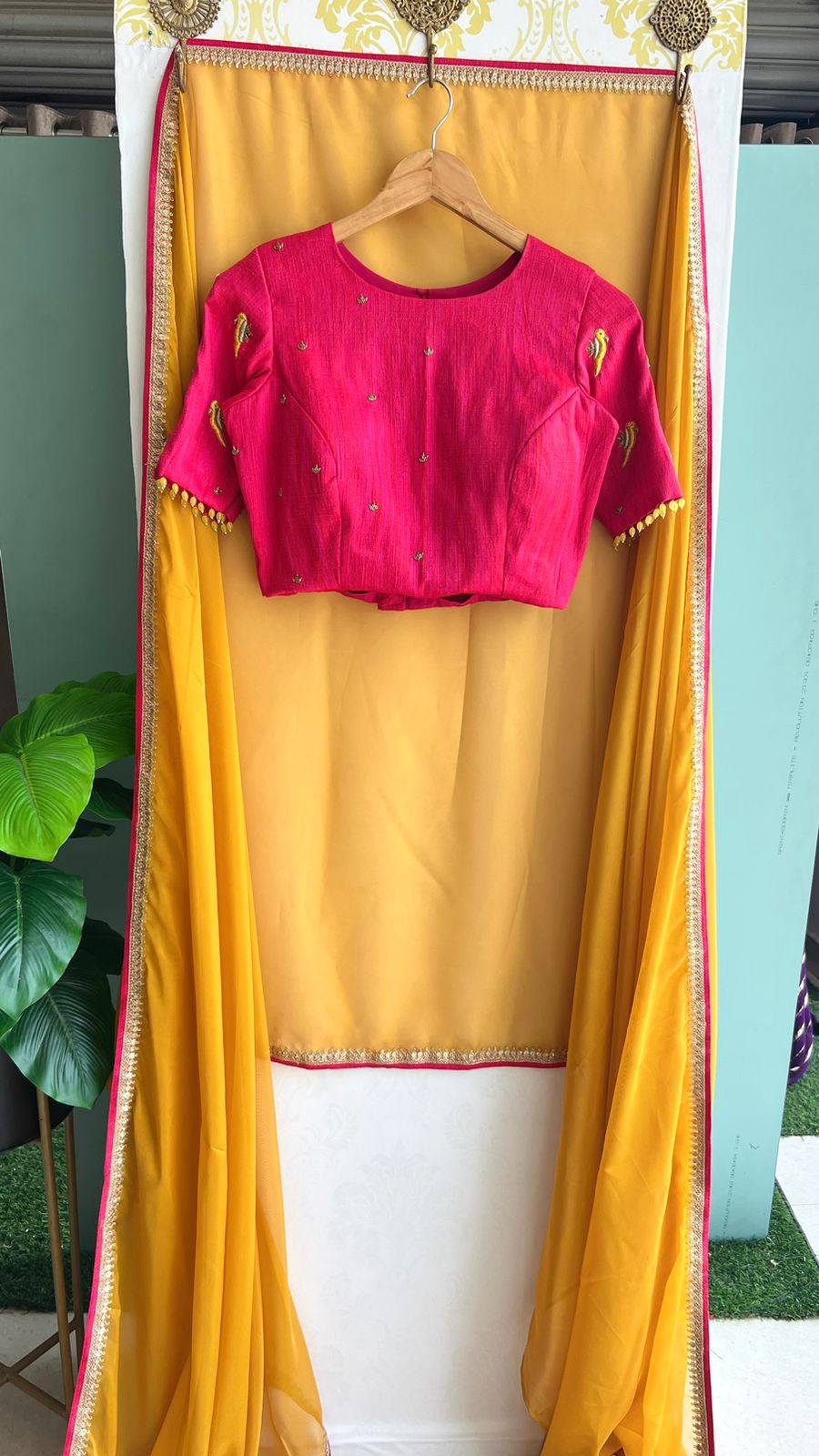 Mustard Yellow soft organza saree with pink handwork blouse