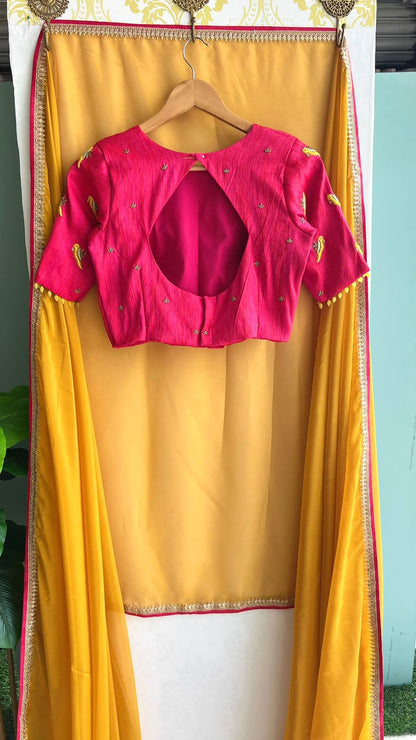 Mint soft organza saree with pink handwork blouse