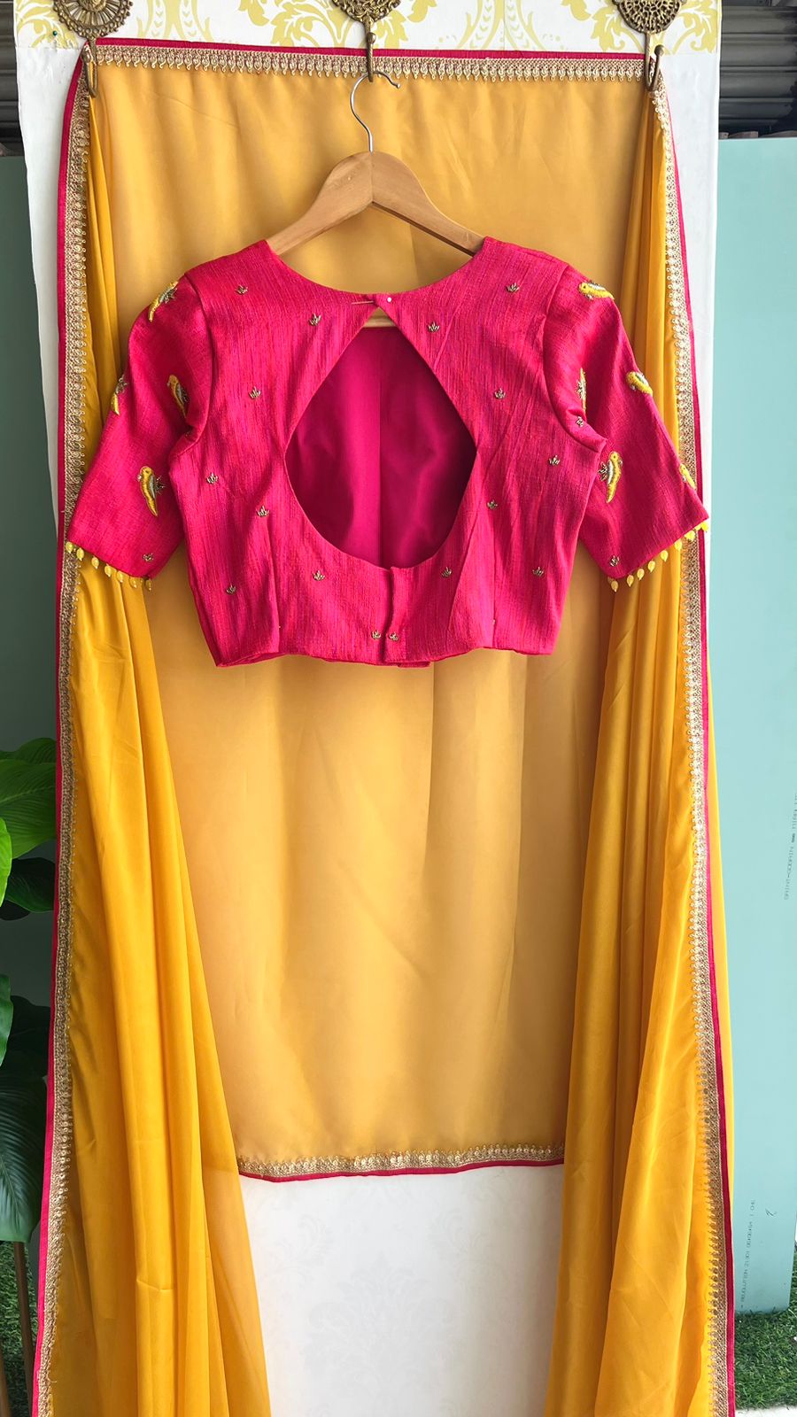 Mustard Yellow soft organza saree with pink handwork blouse
