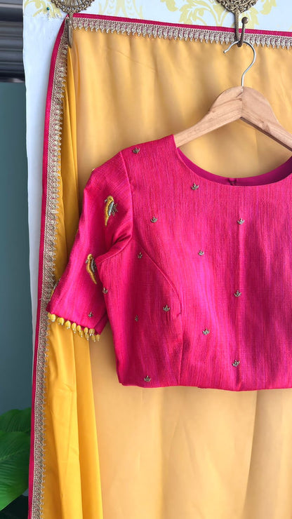 Mustard Yellow soft organza saree with pink handwork blouse