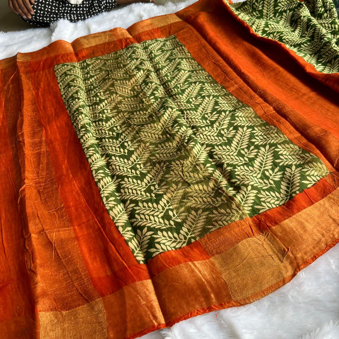 Green & orange silk cotton saree with blouse