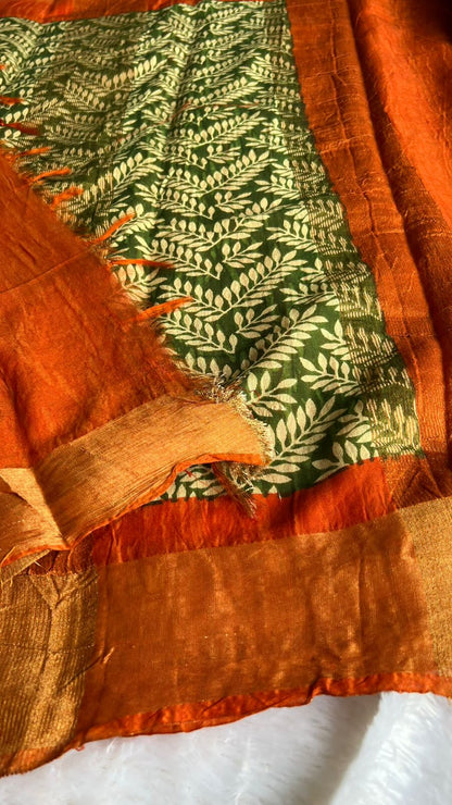 Green & orange silk cotton saree with blouse