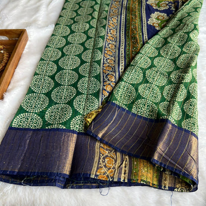 Green & blue silk cotton saree with blouse
