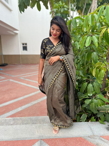 Black & gold organza saree with embroidery blouse