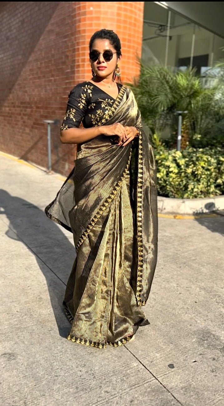 Black & gold organza saree with embroidered blouse