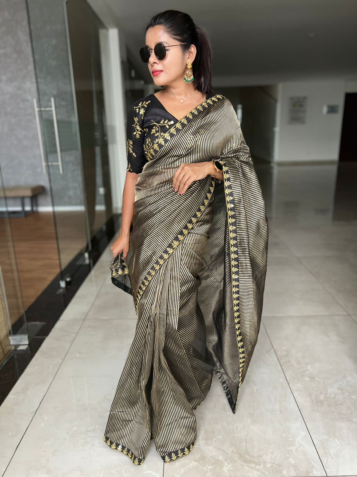Black & gold organza saree with embroidery blouse