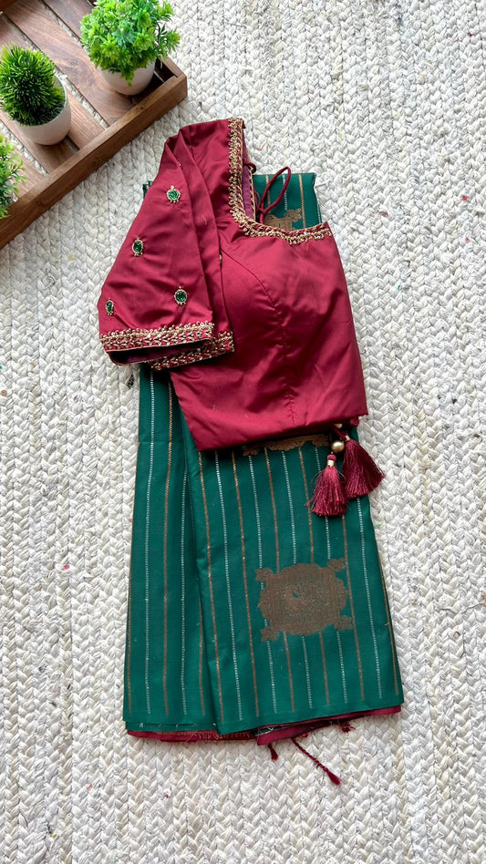 (Free full predraping ) green and maroon silk saree with hand worked blouse