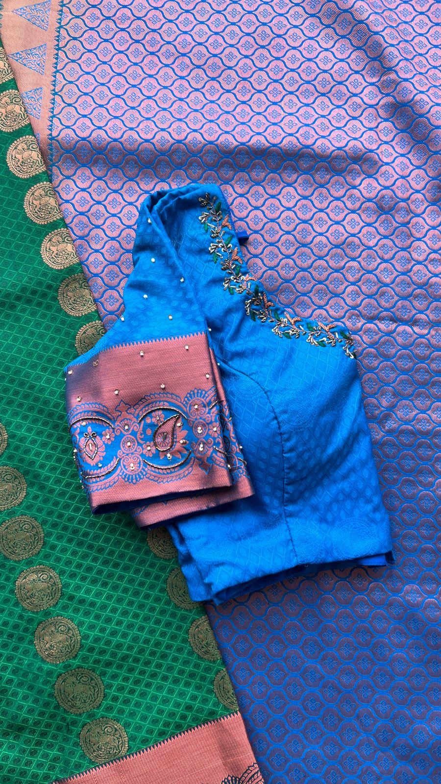 Green and blue silk saree with hand worked blouse