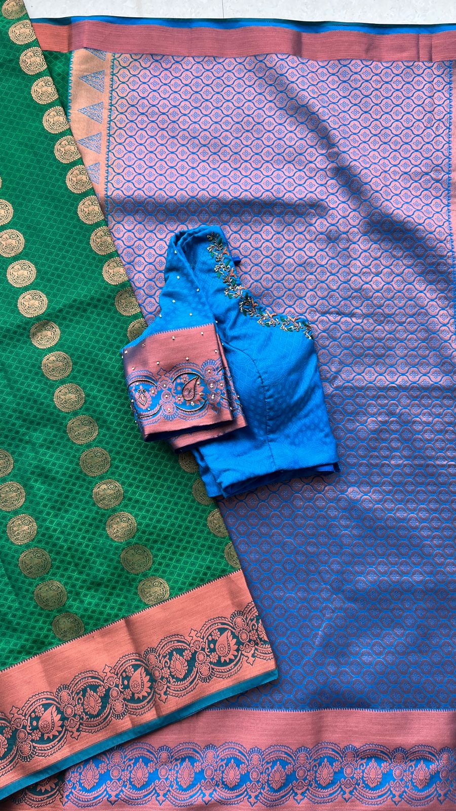 Green and blue silk saree with hand worked blouse