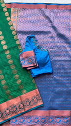 Green and blue silk saree with hand worked blouse