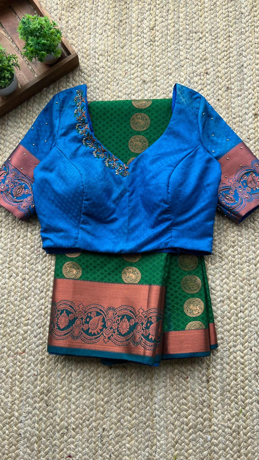 Green and blue silk saree with hand worked blouse