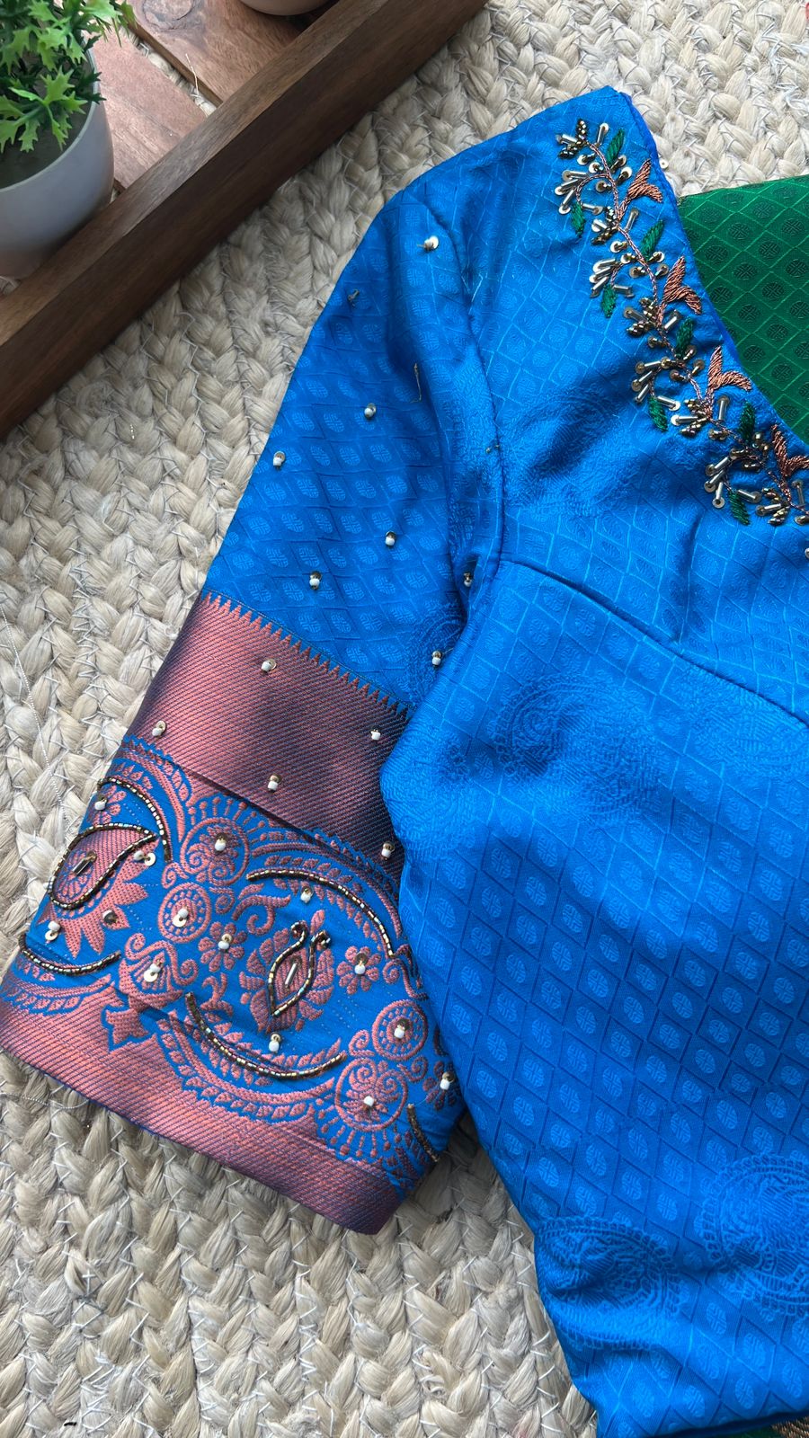 Green and blue silk saree with hand worked blouse